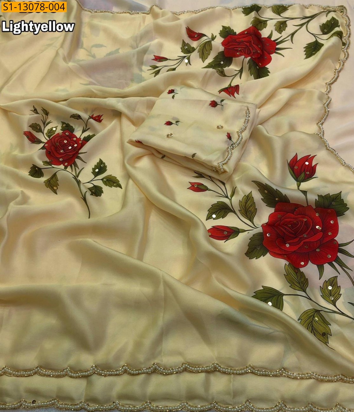 Light yellow Satin georgette floral printed saree