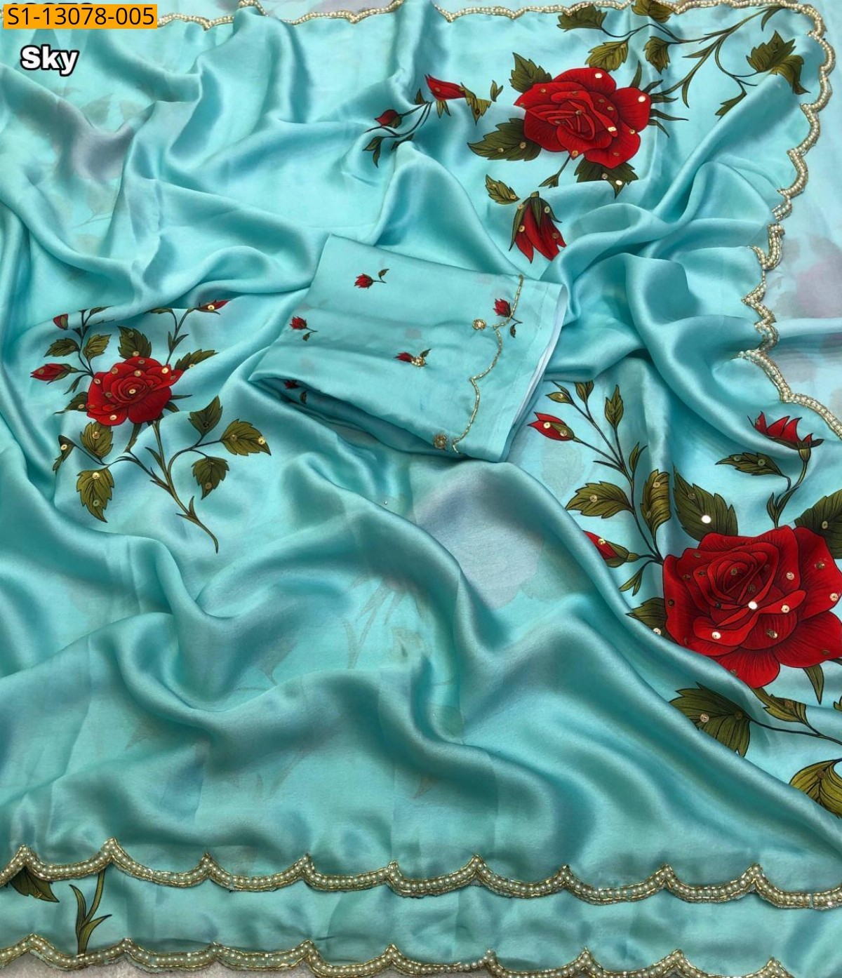 Sky blue Satin georgette floral printed saree
