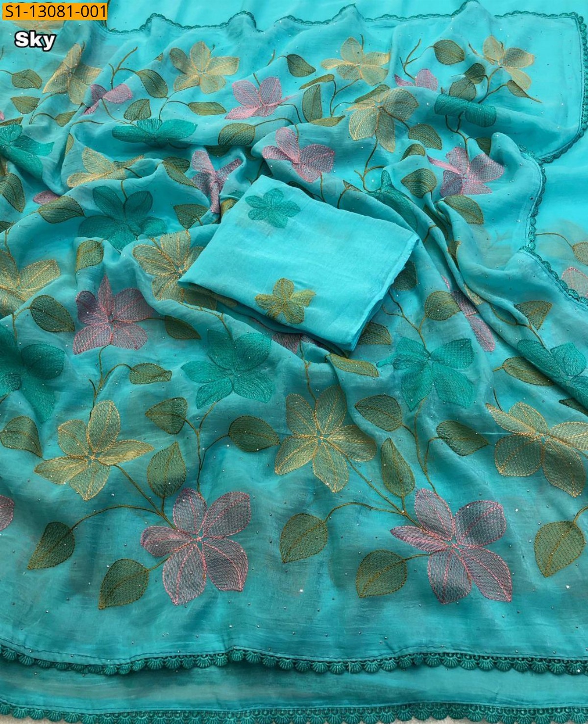 Sky blue Crunchy Crush Floral Embroidery Saree