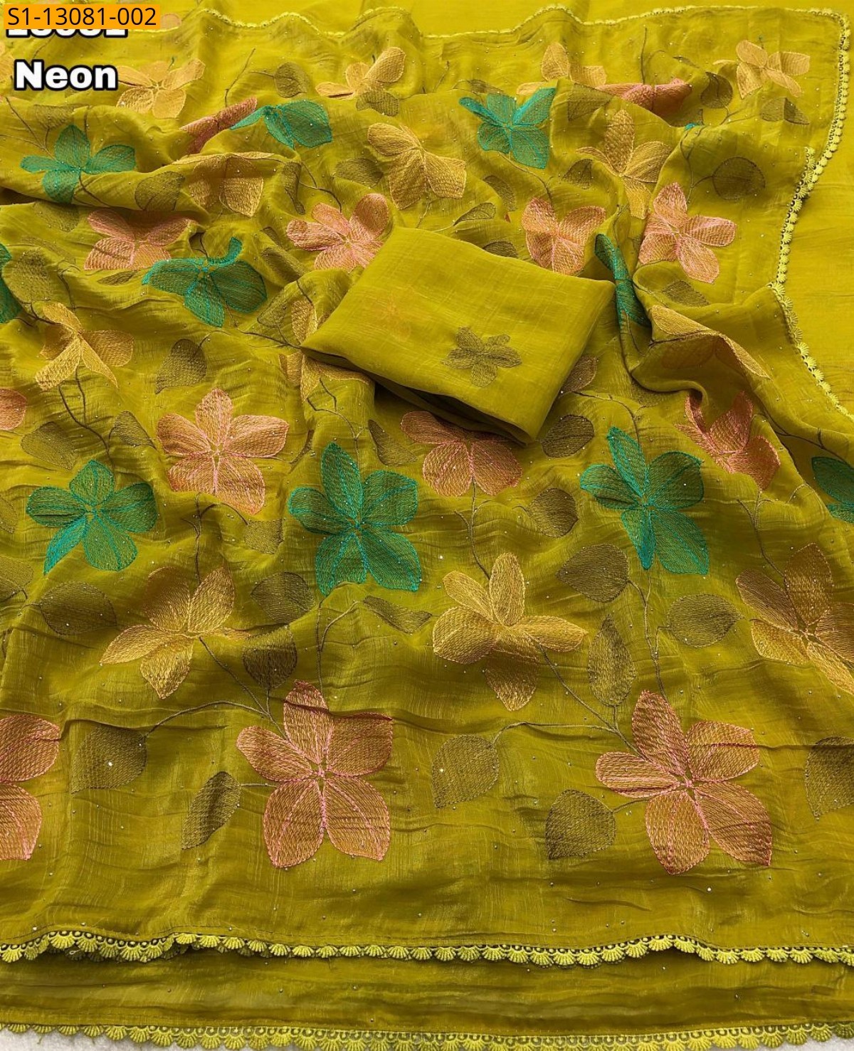 Neon Crunchy Crush Floral Embroidery Saree
