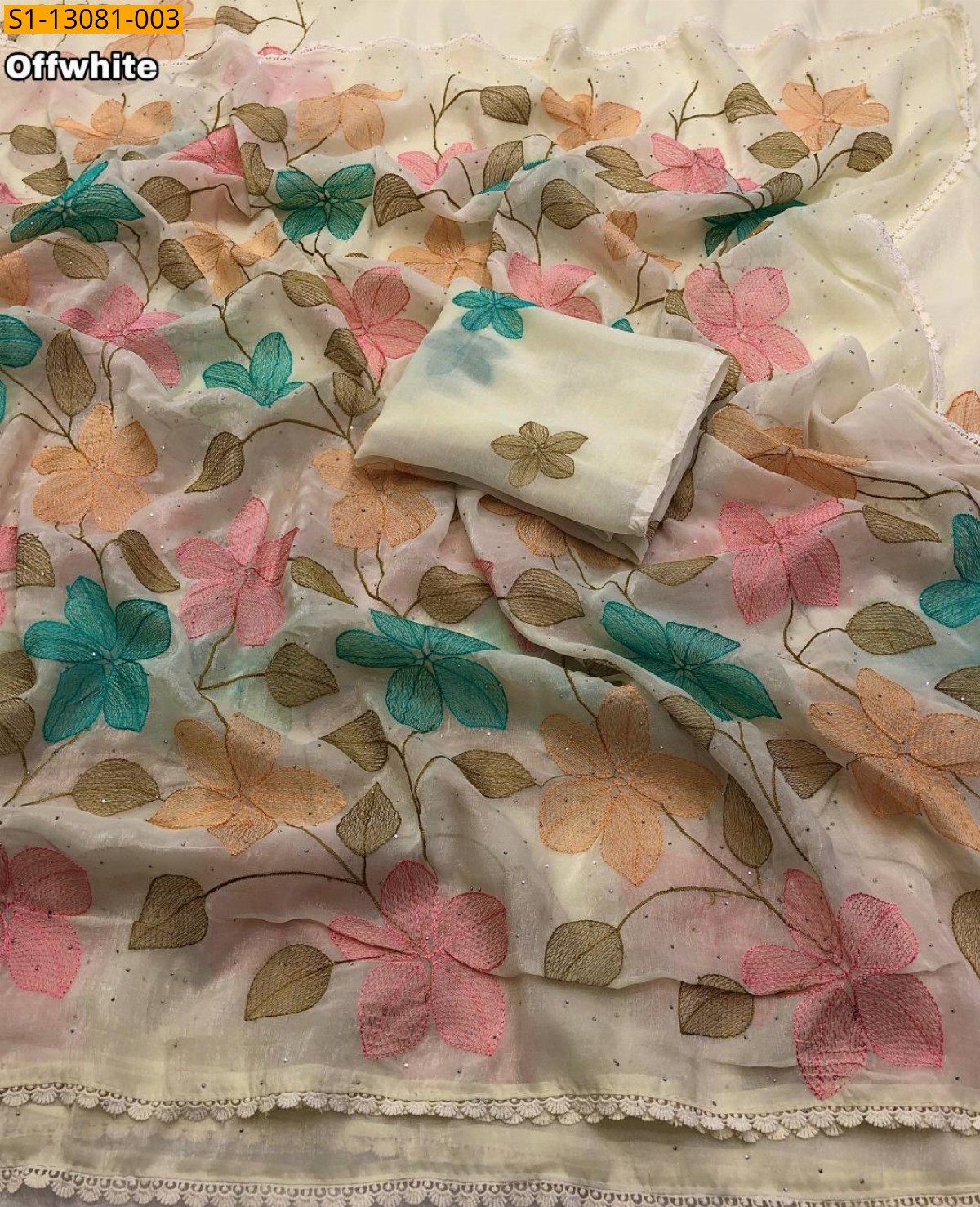 Off white Crunchy Crush Floral Embroidery Saree