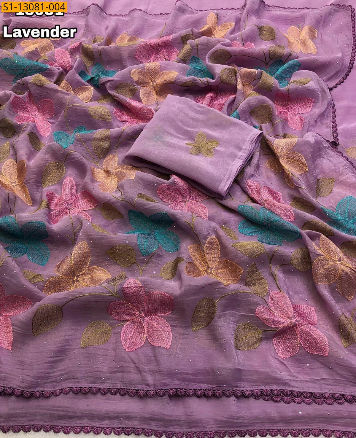 Lavender Crunchy Crush Floral Embroidery Saree