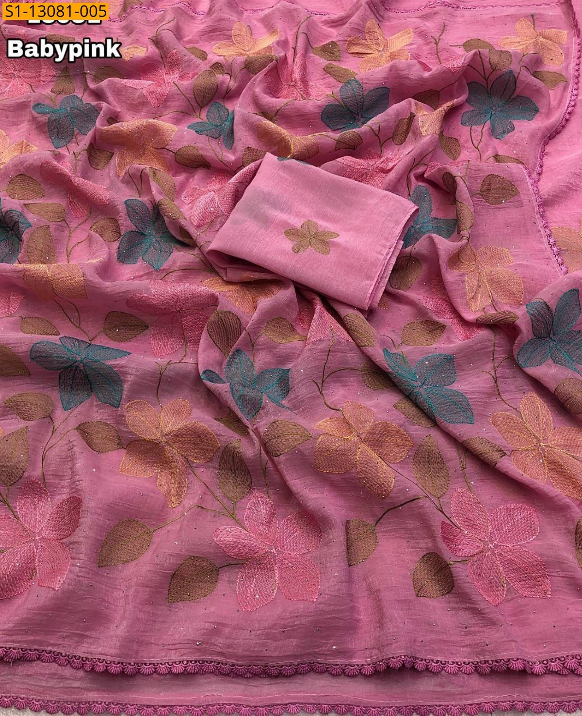 Baby pink Crunchy Crush Floral Embroidery Saree