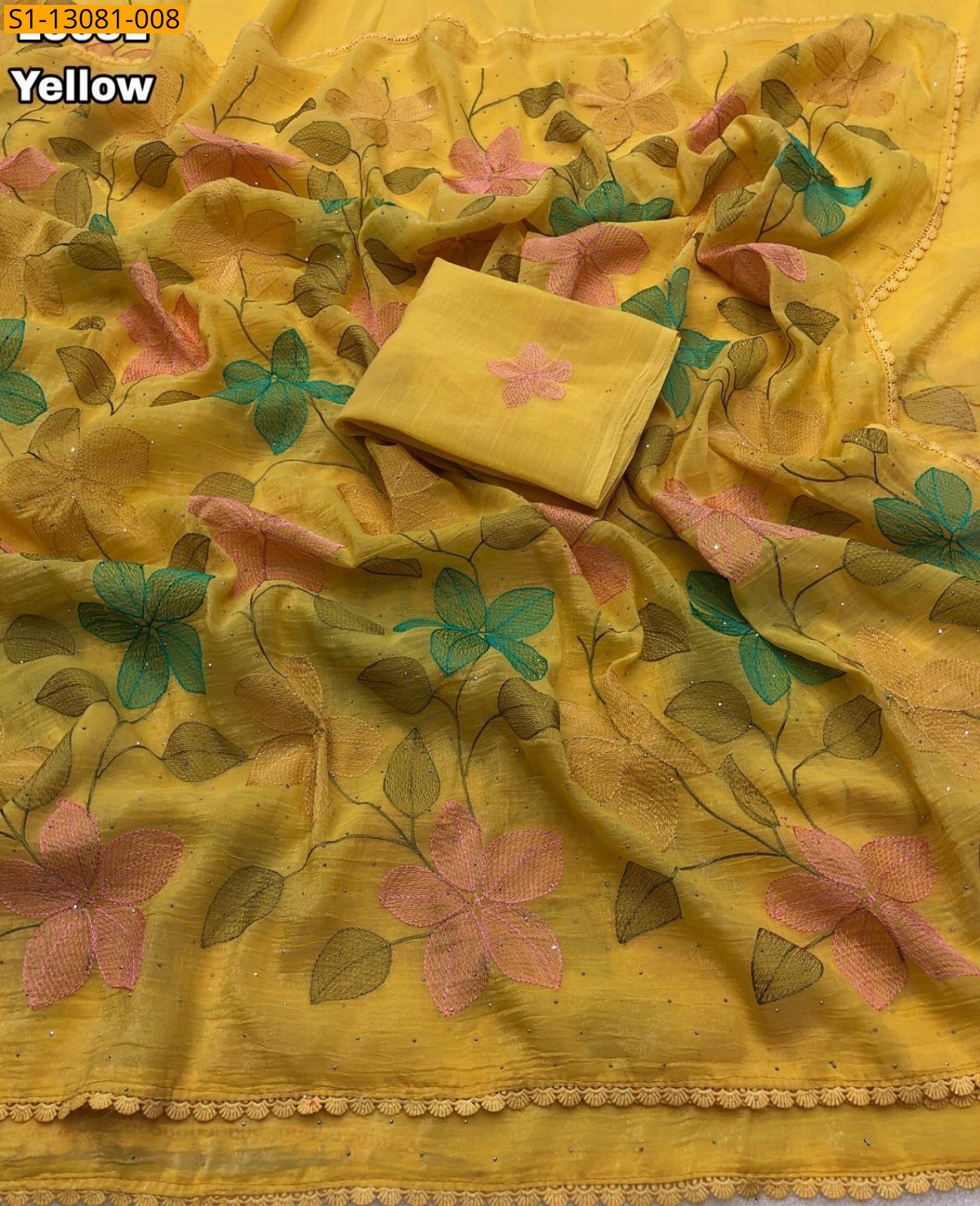 Yellow Crunchy Crush Floral Embroidery Saree