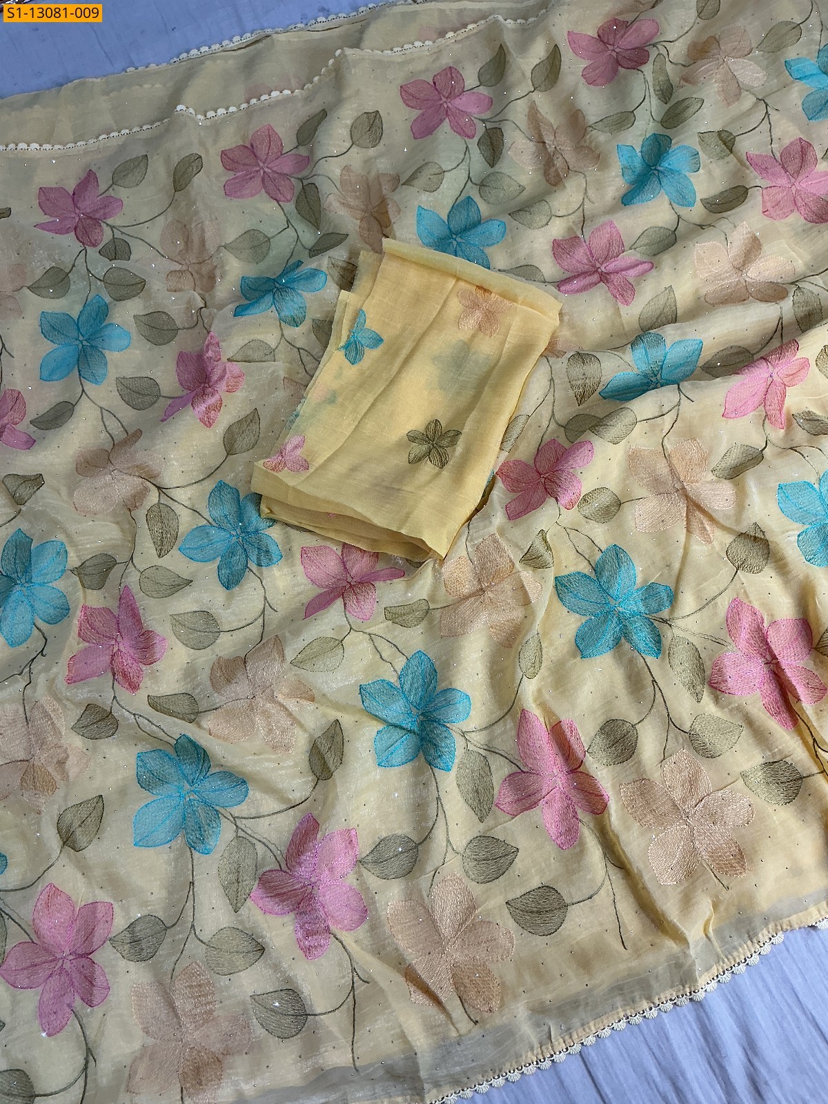 Light Yellow Crunchy Crush Floral Embroidery Saree