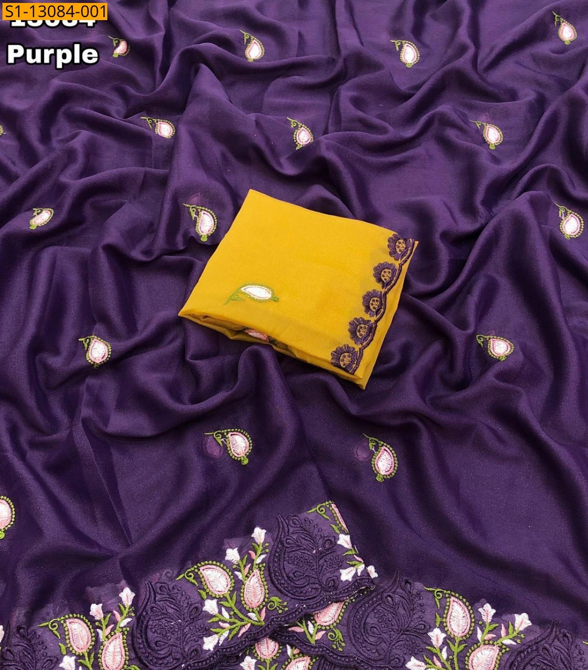 Purple Star georgette embroidery saree