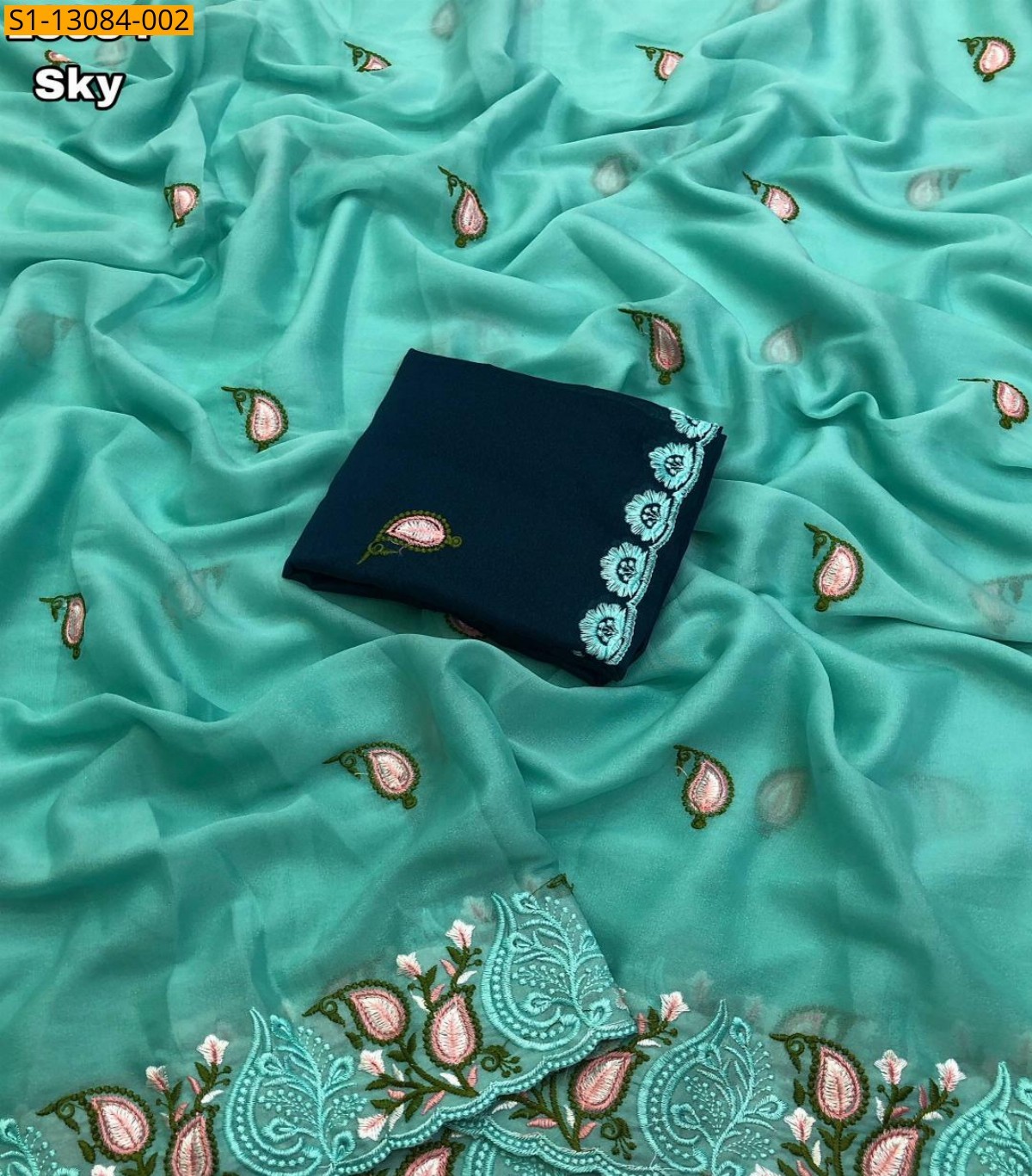 Sky blue Star georgette embroidery saree