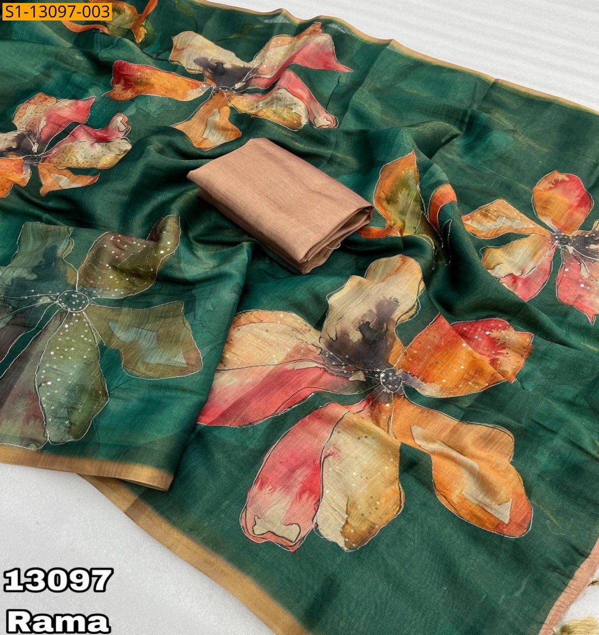 Rama Green Erode Tissue Silk Floral Print Saree