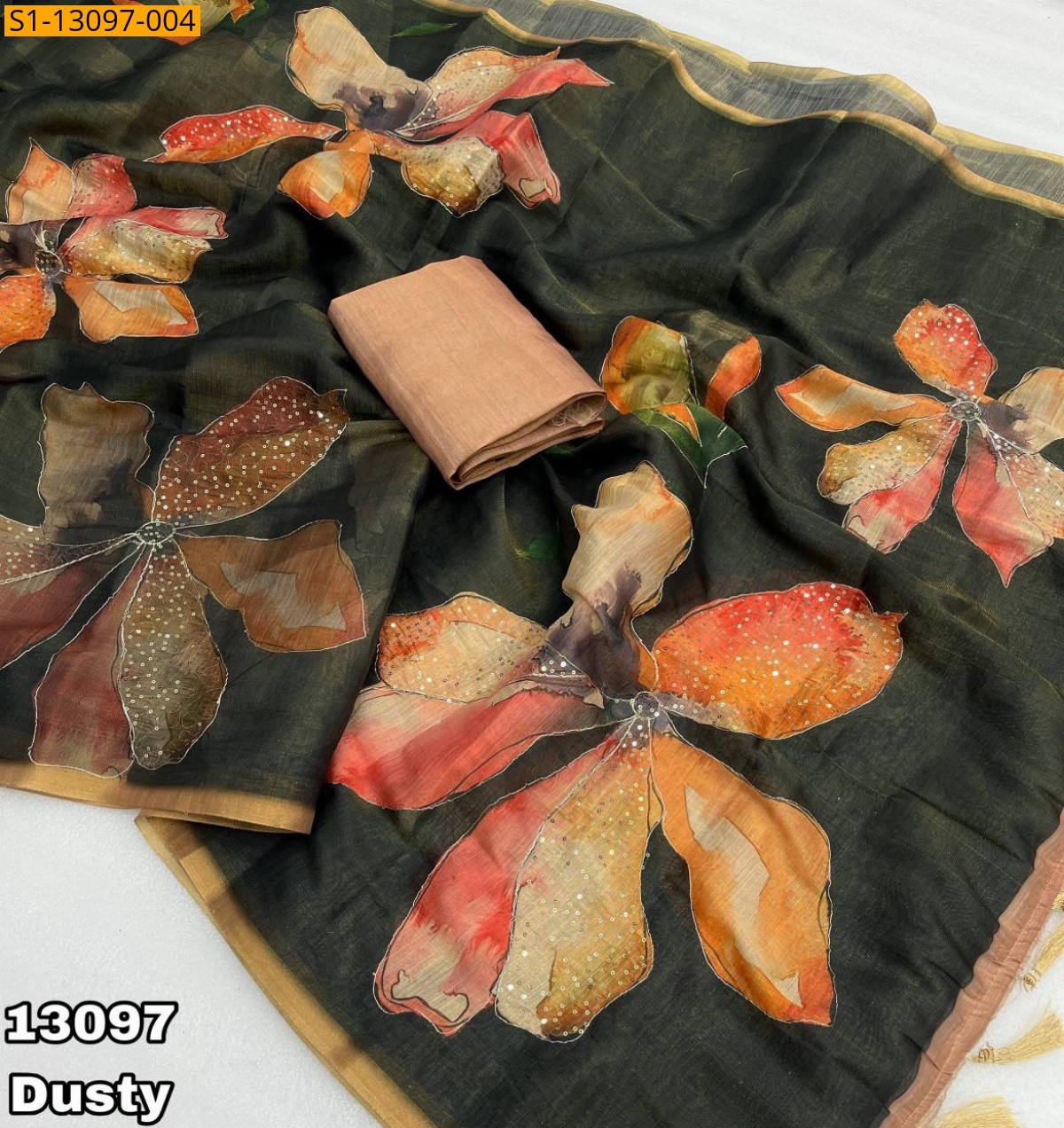Dusty Green Erode Tissue Silk Floral Print Saree