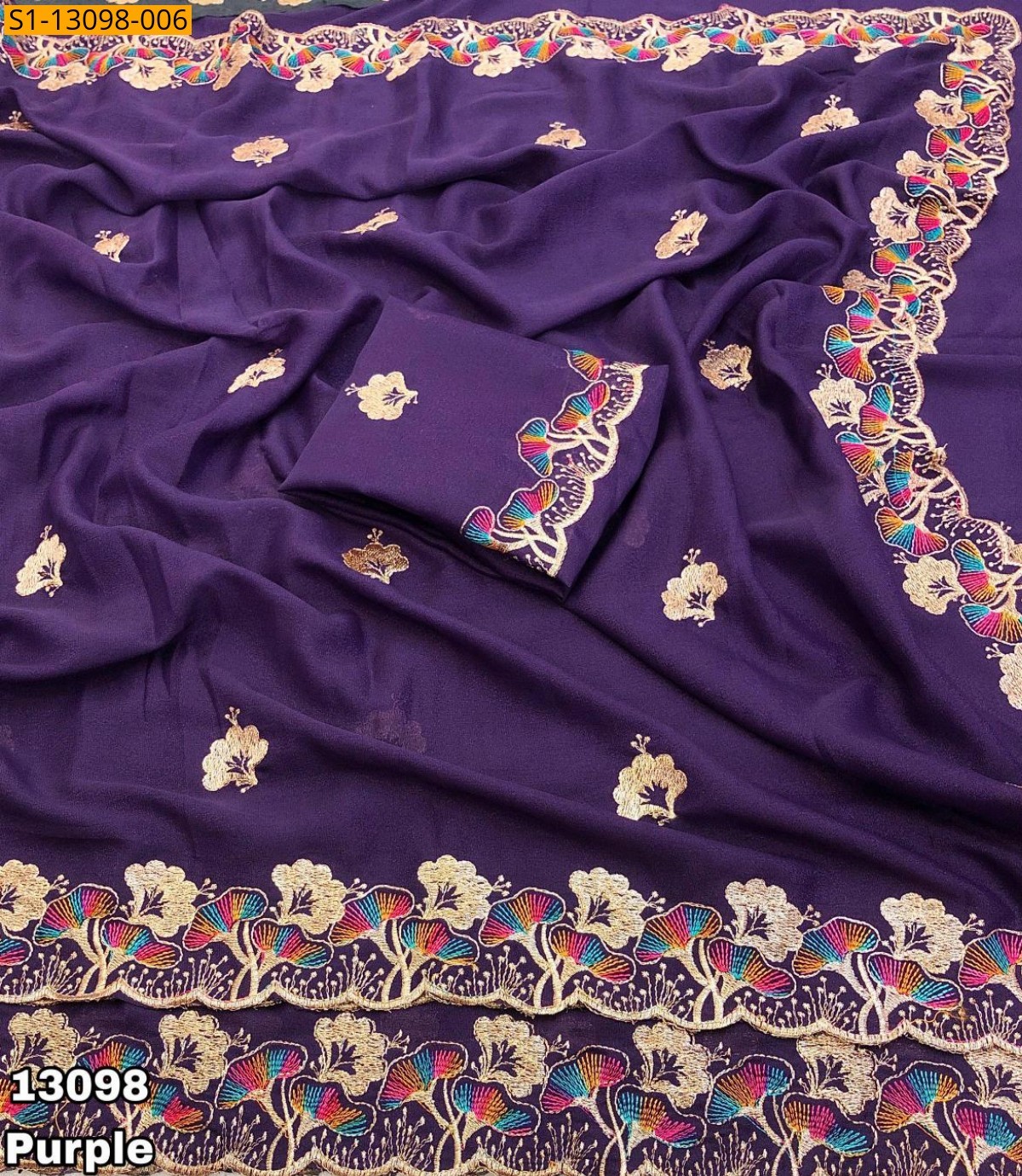 Purple Star georgette embroidery Saree