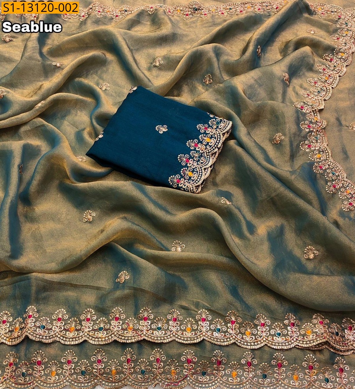 Sea Blue Nc moss thread embroidery work saree