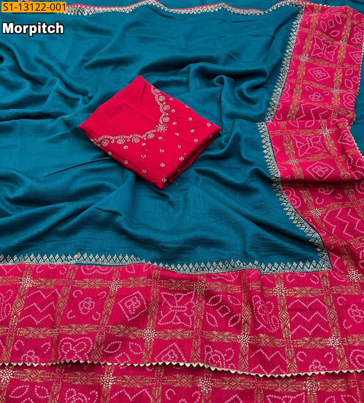 Morpitch Vichitra silk with bandani printed Sarees