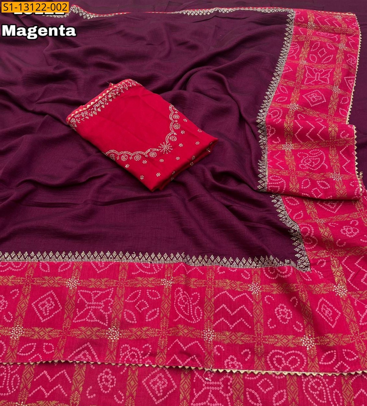 Magenta Vichitra silk with bandani printed Sarees