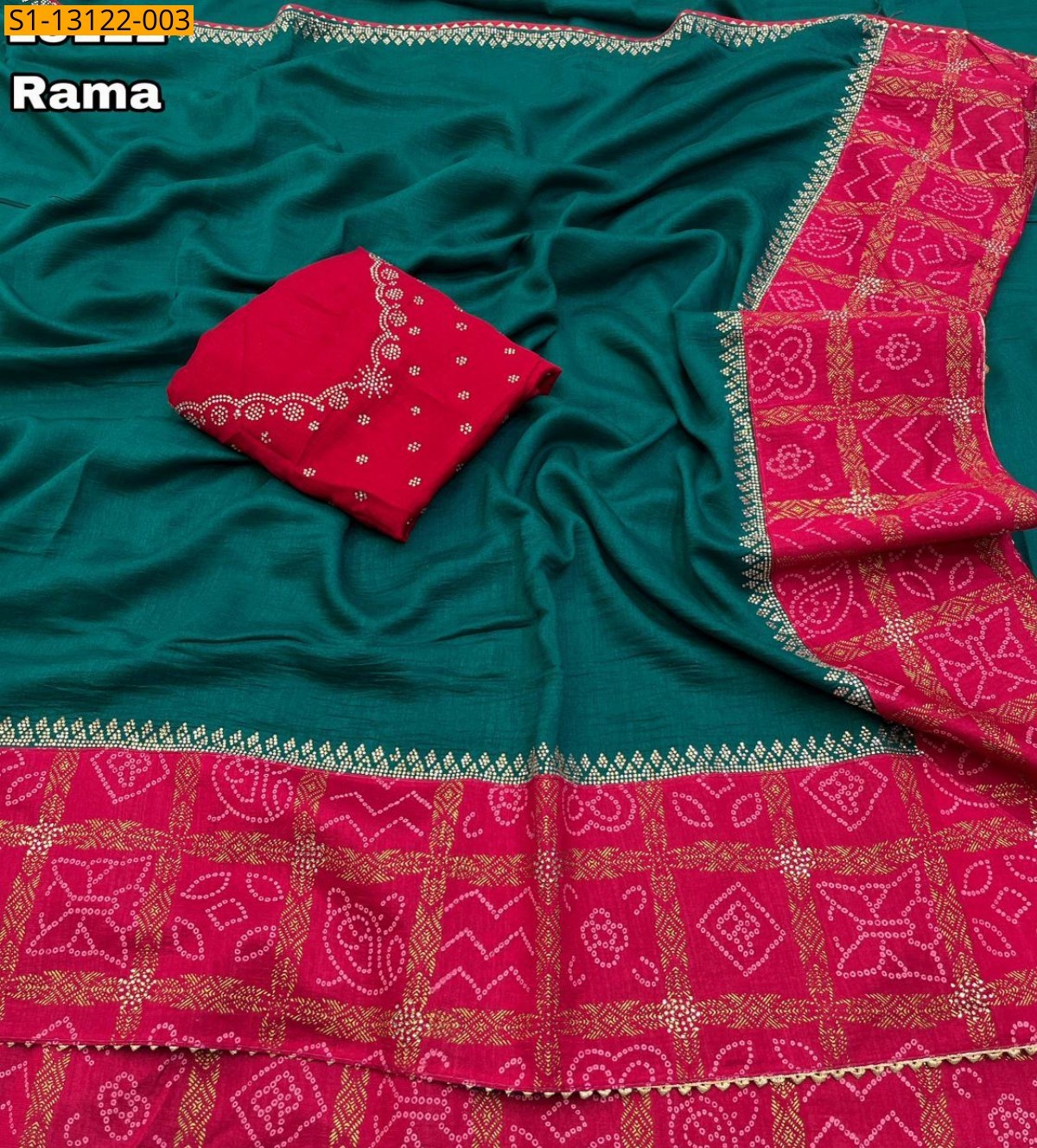 Rama Green Vichitra silk with bandani printed Sarees