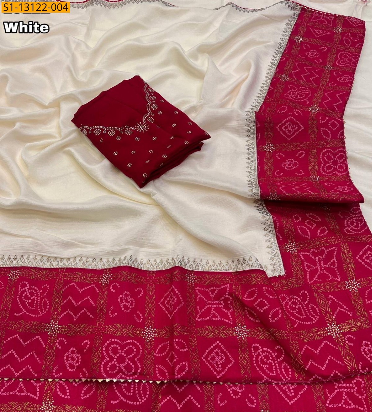 White Vichitra silk with bandani printed Sarees