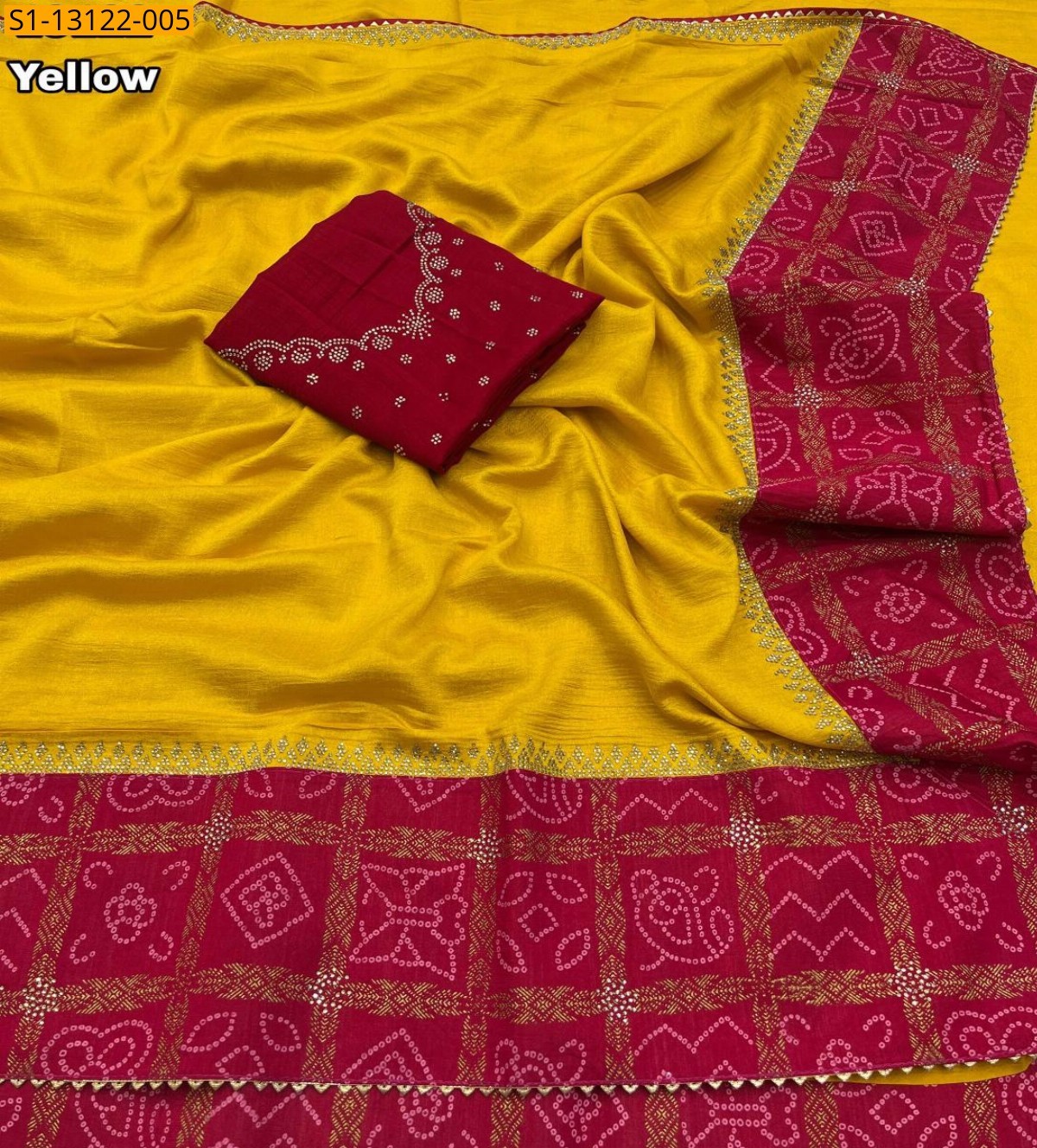 Yellow Vichitra silk with bandani printed Sarees