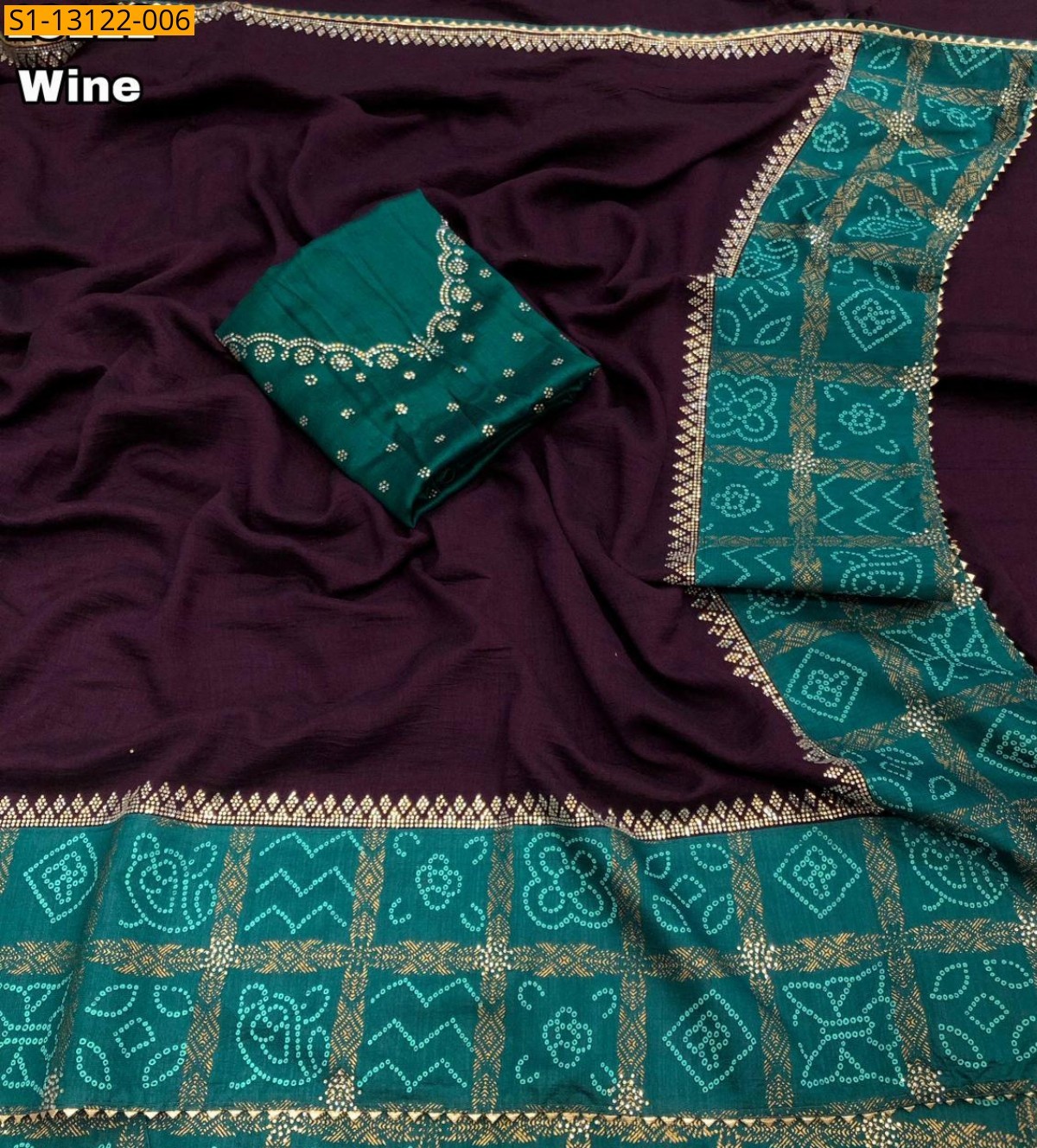 Wine Vichitra silk with bandani printed Sarees