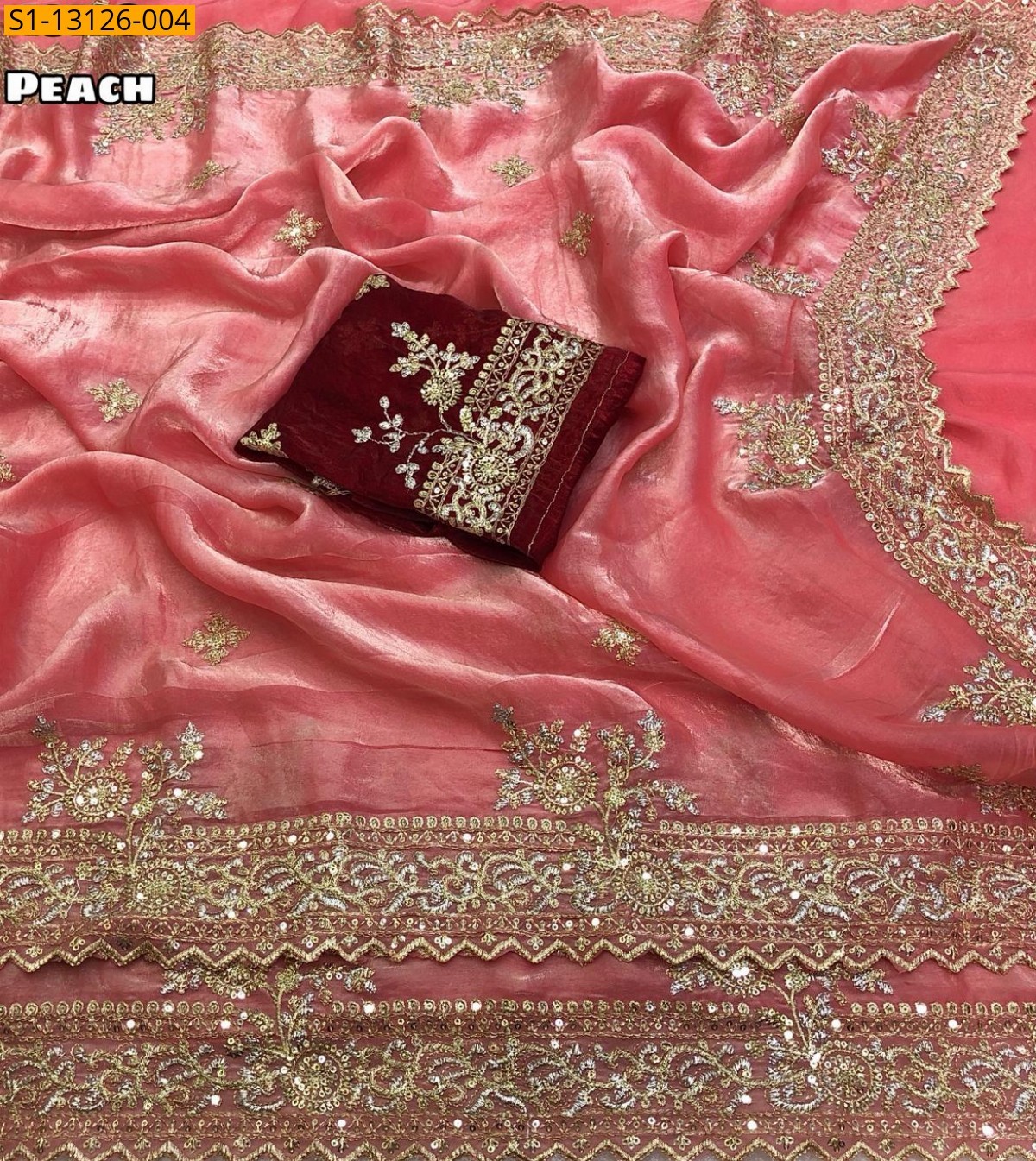 Peach Space silk fendy satin Sarees