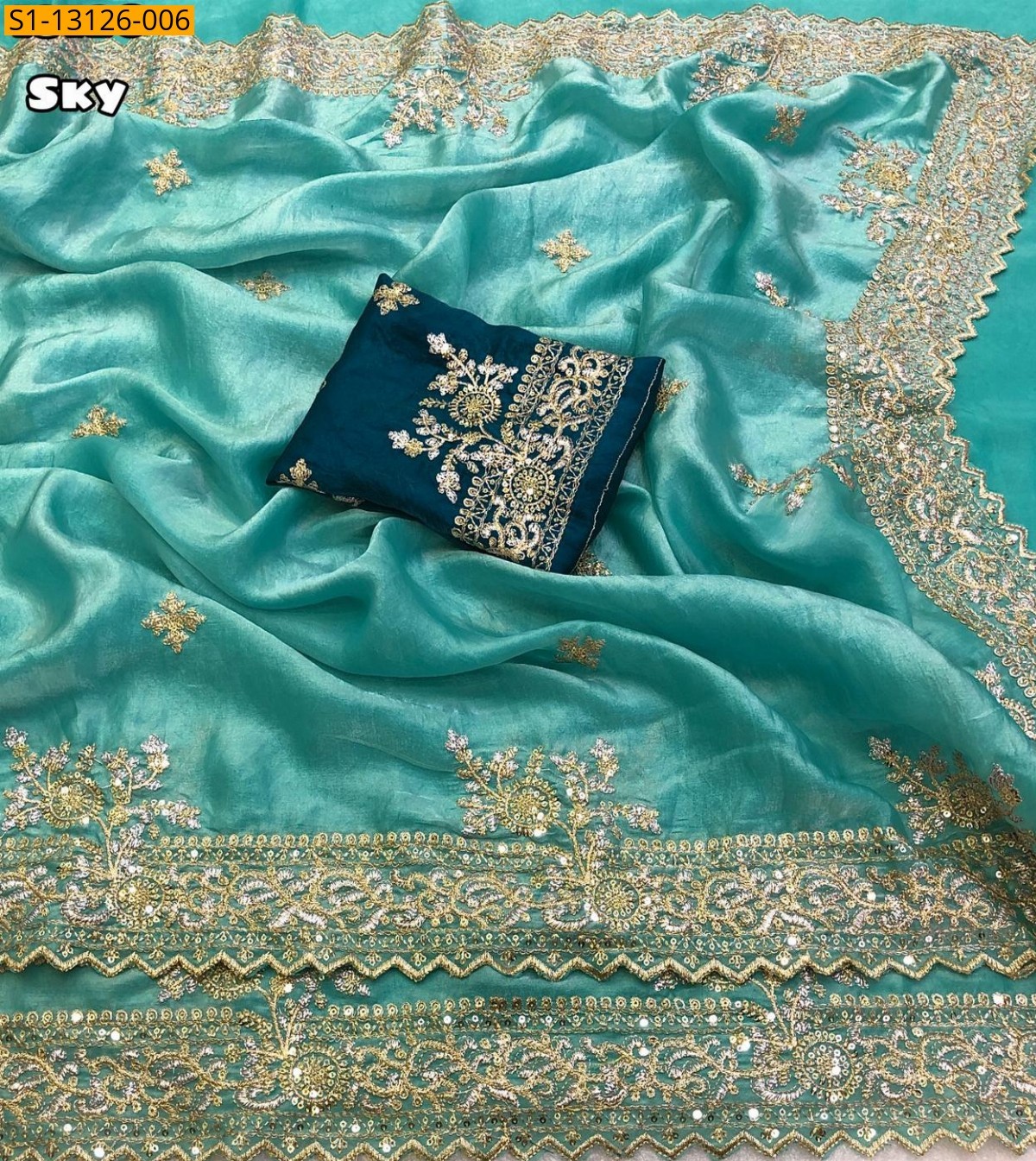 Sky Blue Space silk fendy satin Sarees