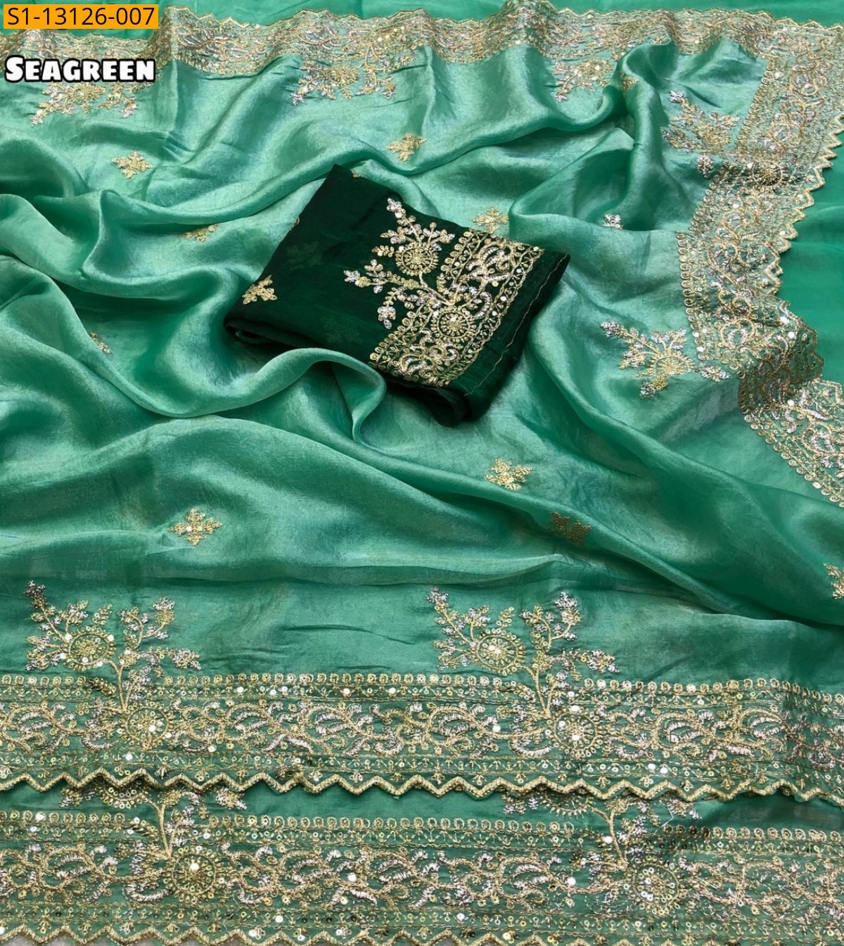 Sea Green Space silk fendy satin Sarees