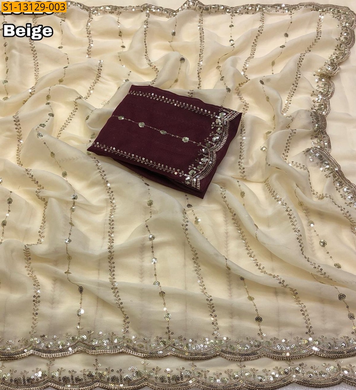 Beige Star Georgette Sequence Sare