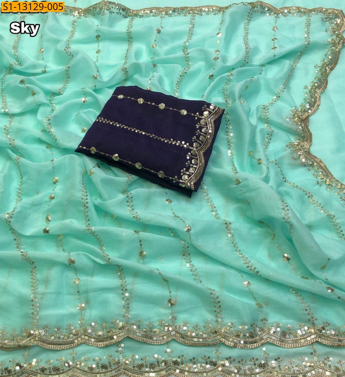 Star Georgette Sequence Sare - Sky Blue