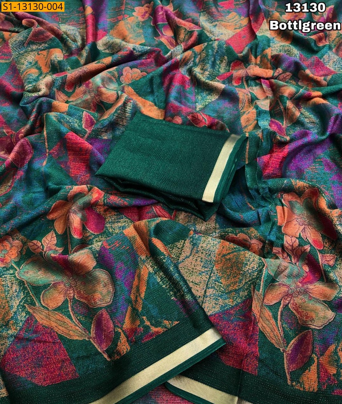 Bottle green Shimmer Floral Digital Print sarees