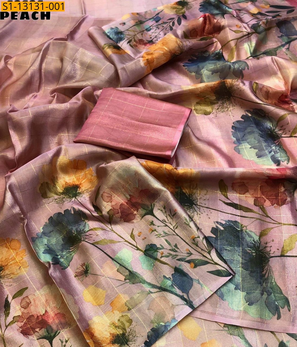 Peach Soft tissue checks weaving sarees