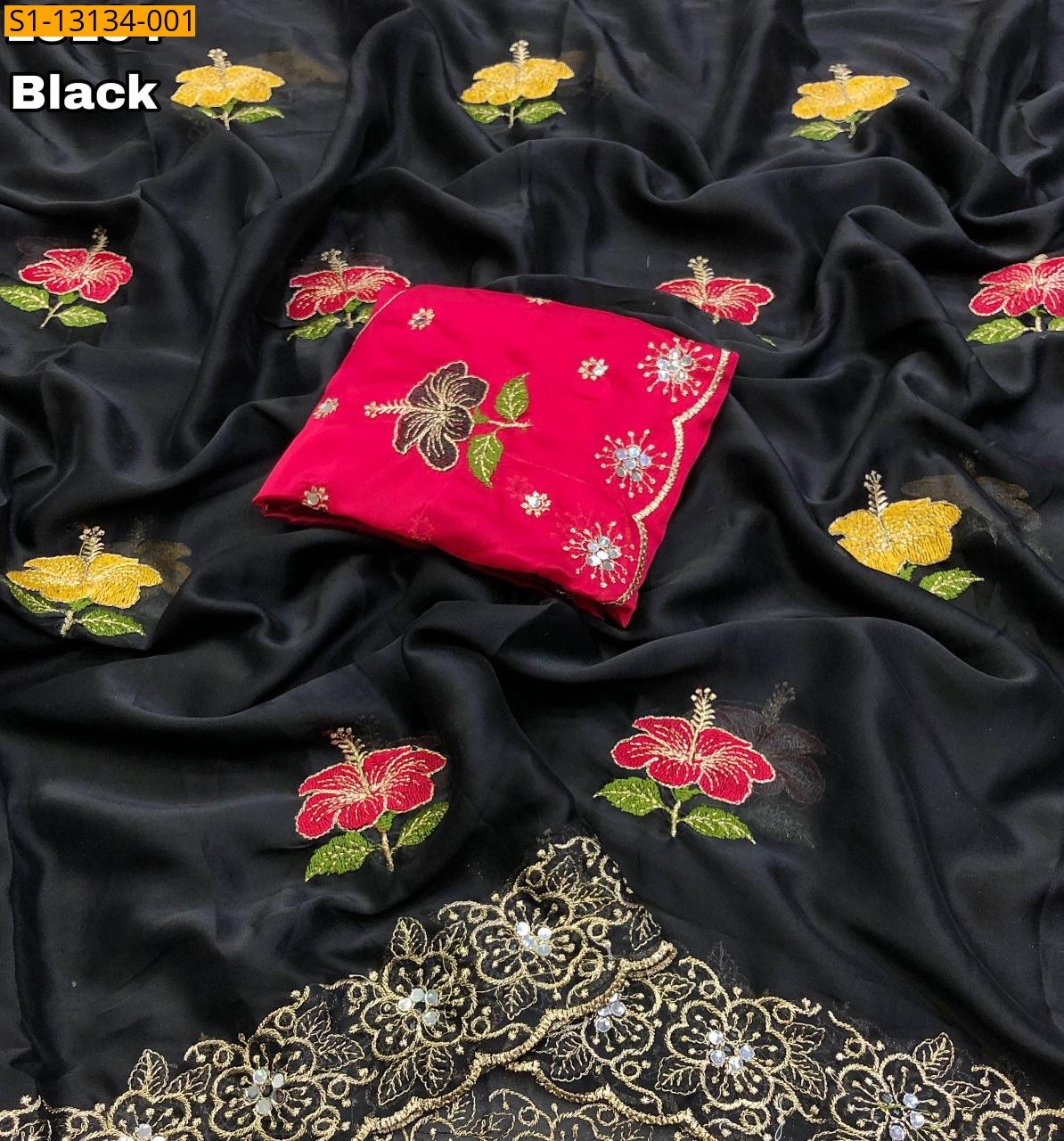 Black Rangoli Georgette printed Saree