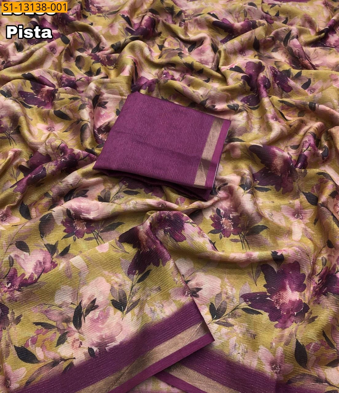 Fancy Shimmer Floral Digital Printed Saree - Pista Green