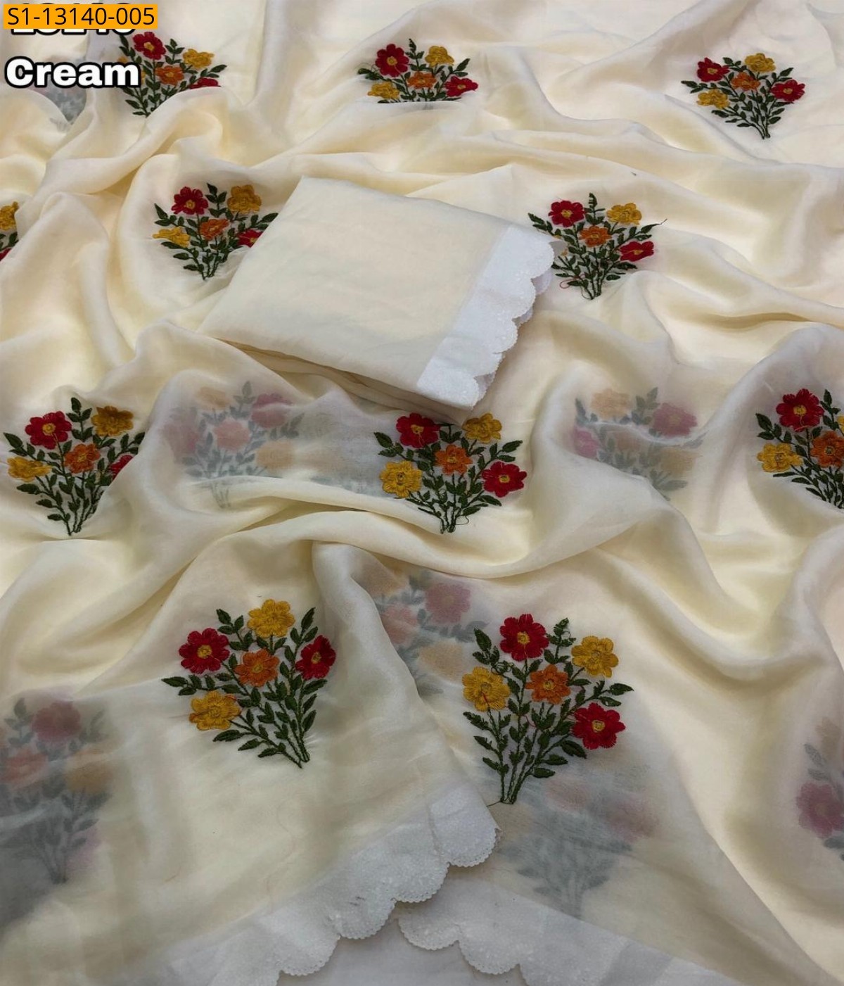 Star georgette embroidery Saree - Cream