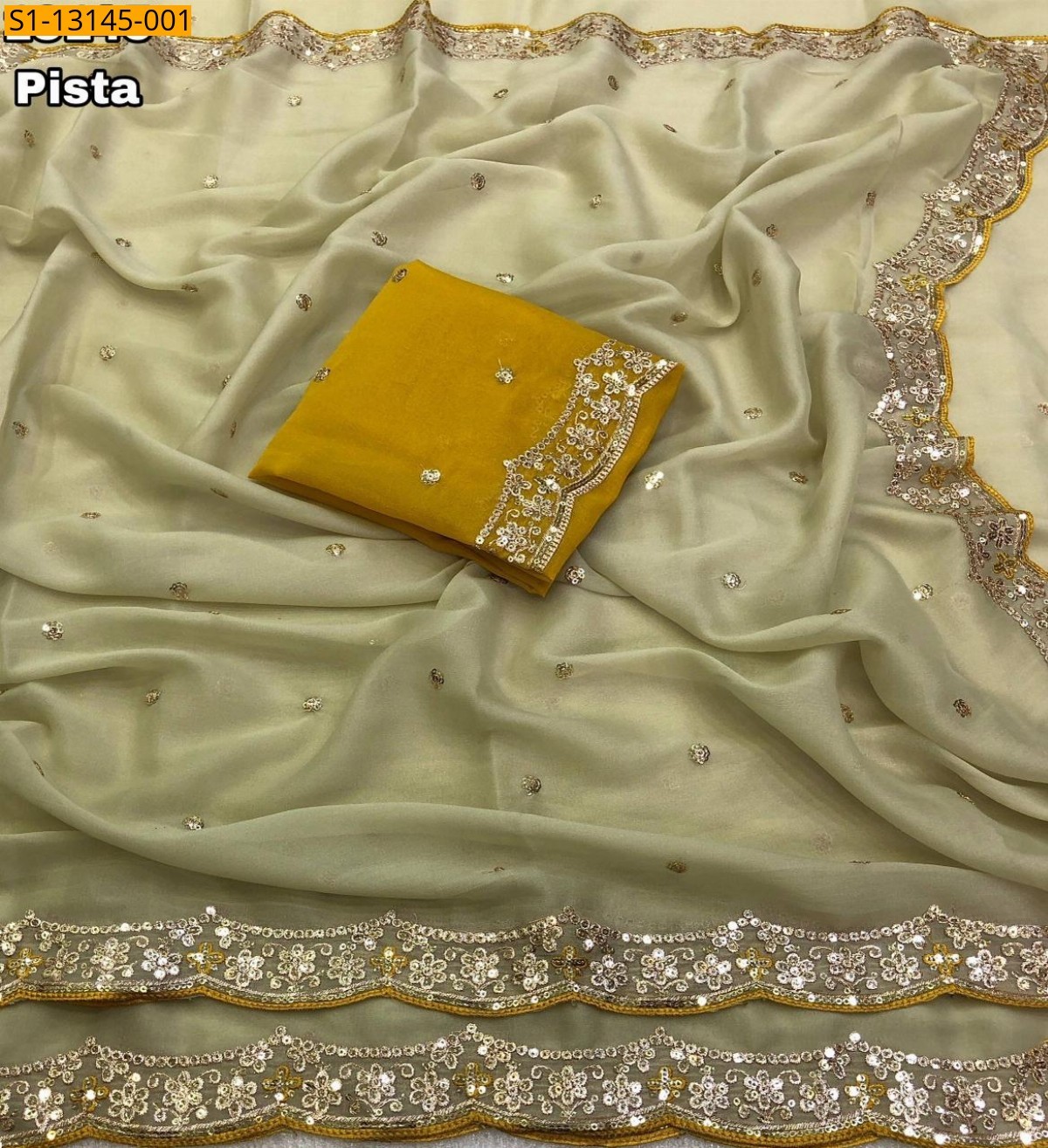 Pista Green Fancy Star georgette Saree