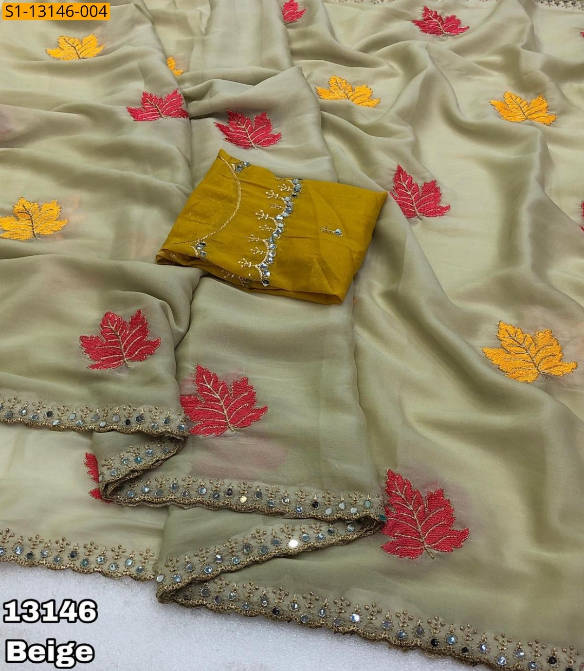 Beige Star georgette leaf embroidery Saree