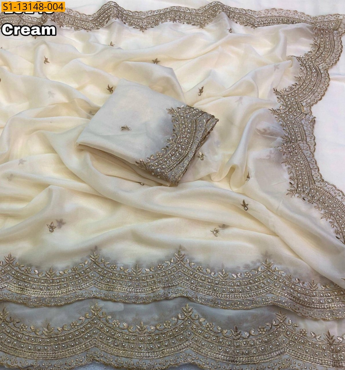 Cream Star Georgette Saree