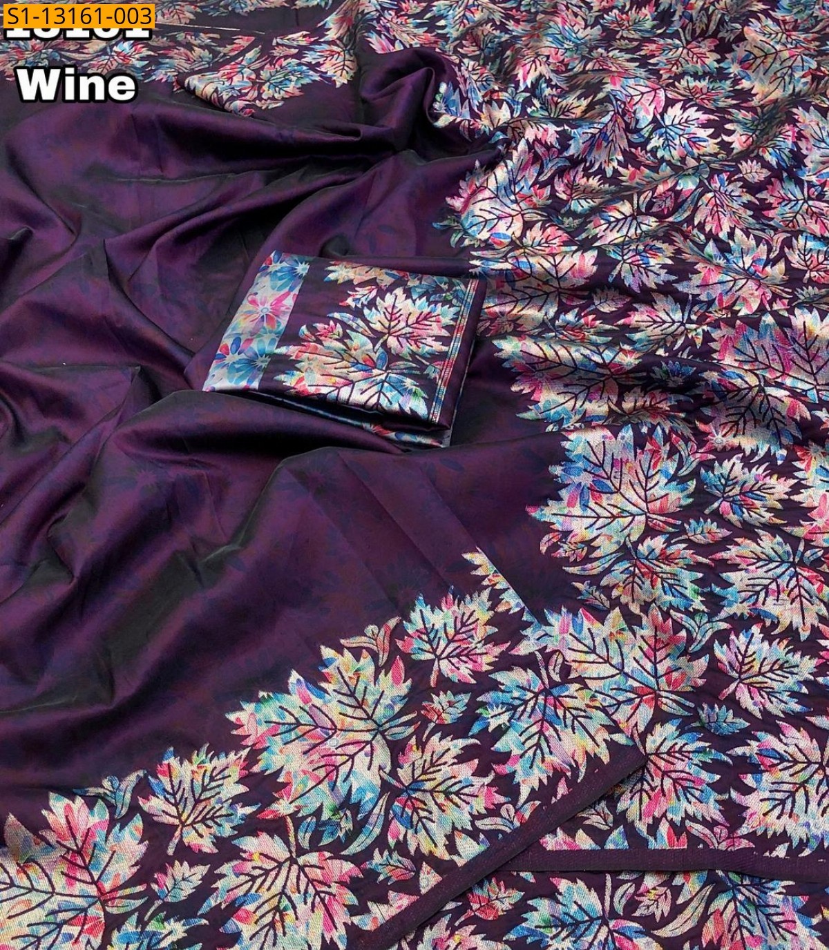 Wine Soft silk leaf Saree