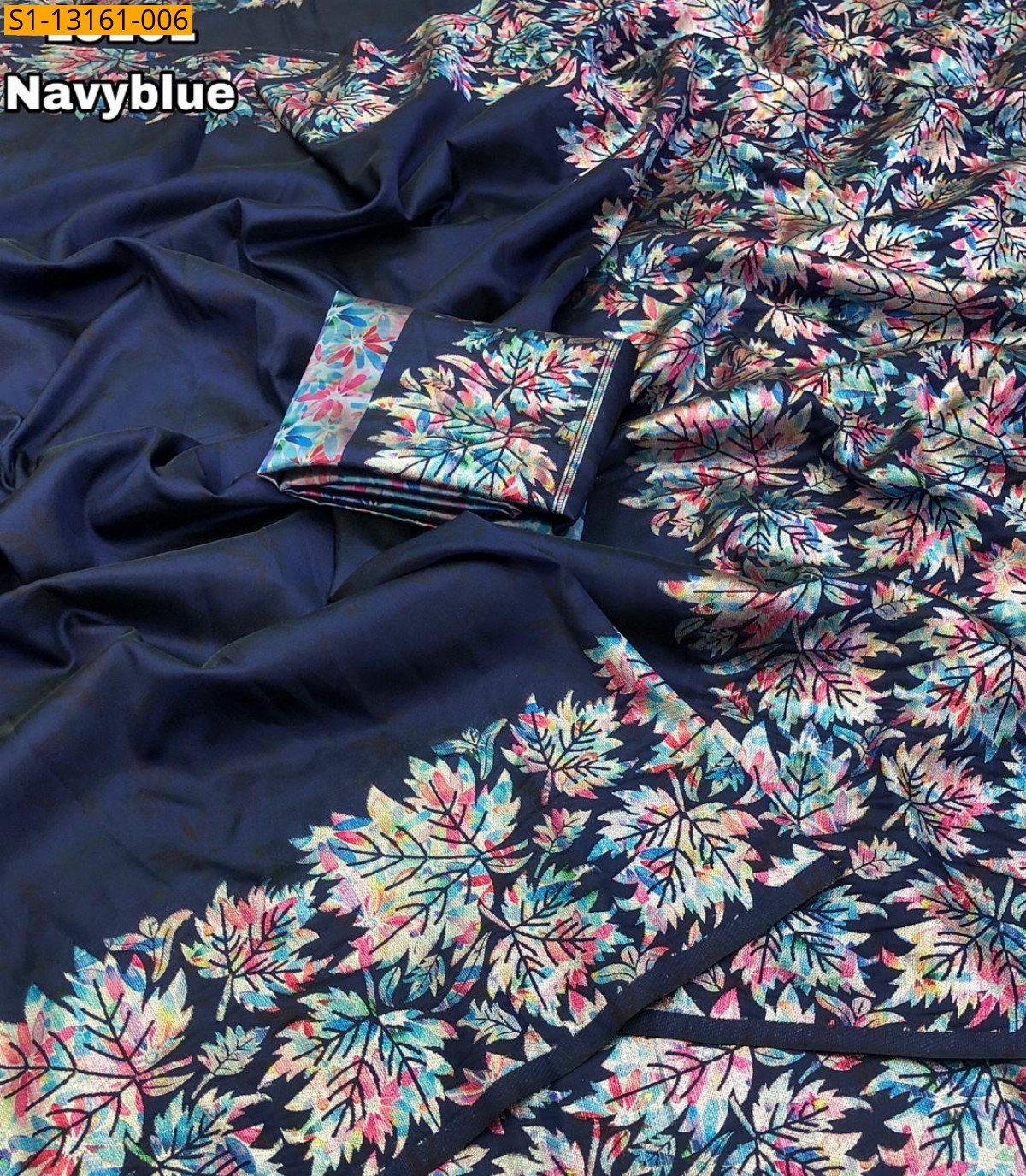 Navy Blue Soft silk leaf Saree
