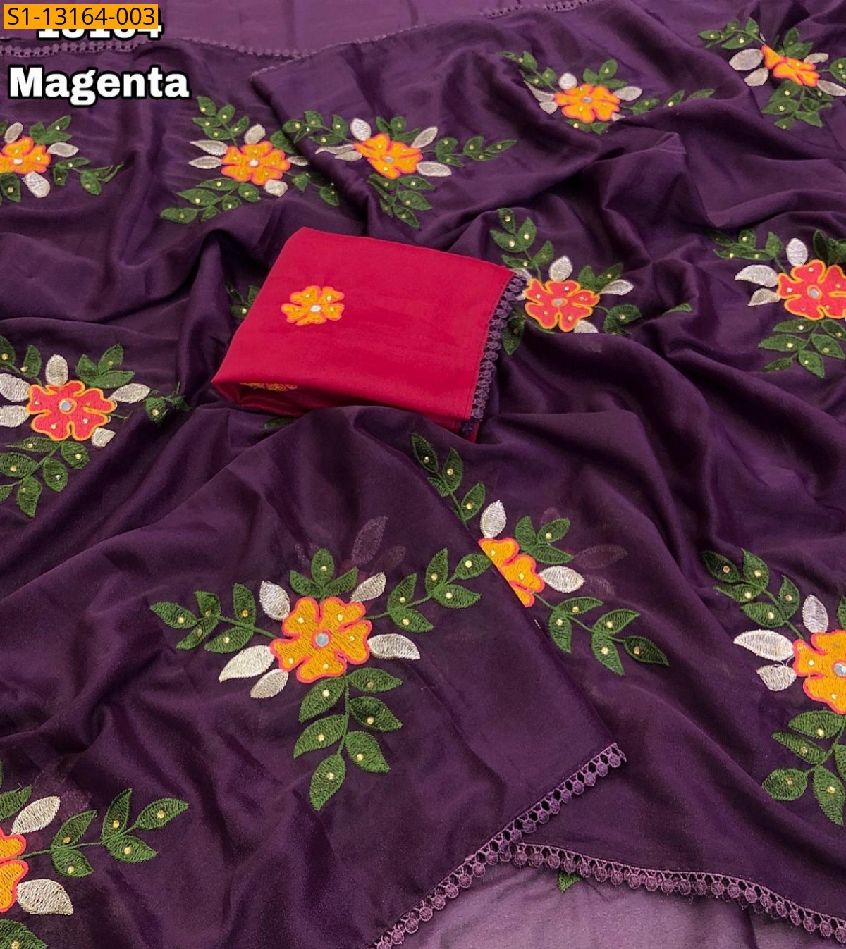Magenta Star Georgette Embroidery sarees