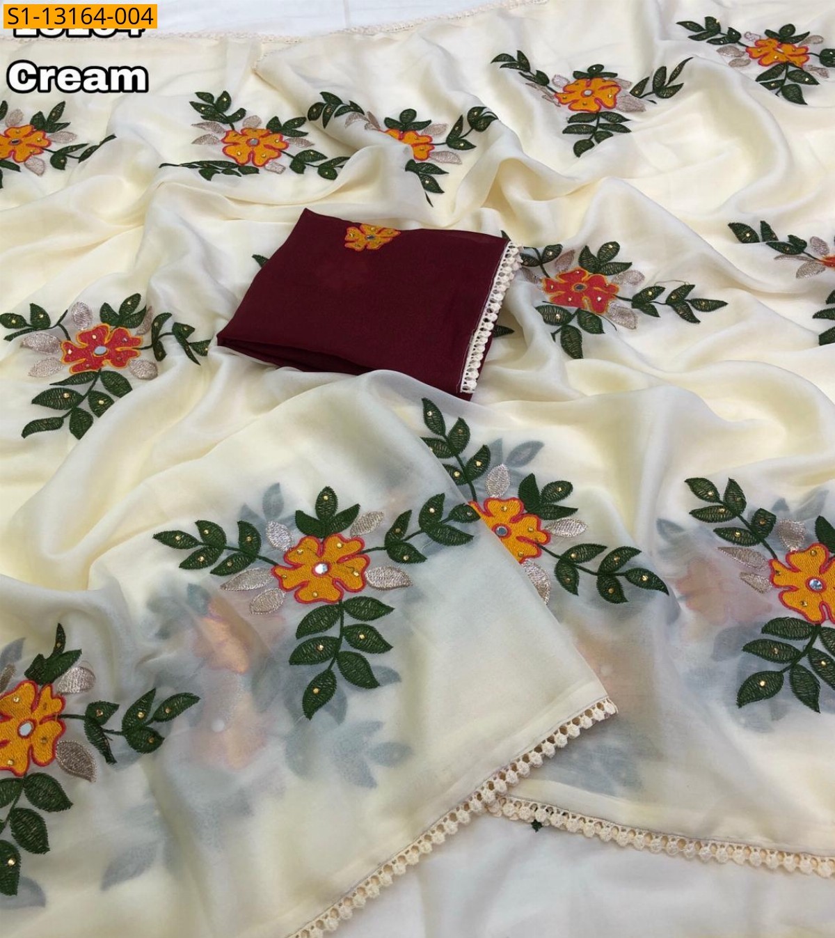 Cream Star Georgette Embroidery sarees