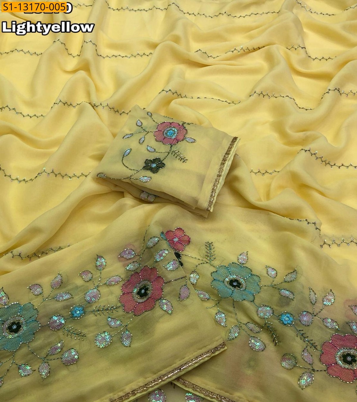 Light Yellow Star Georgette Embroidery Sarees
