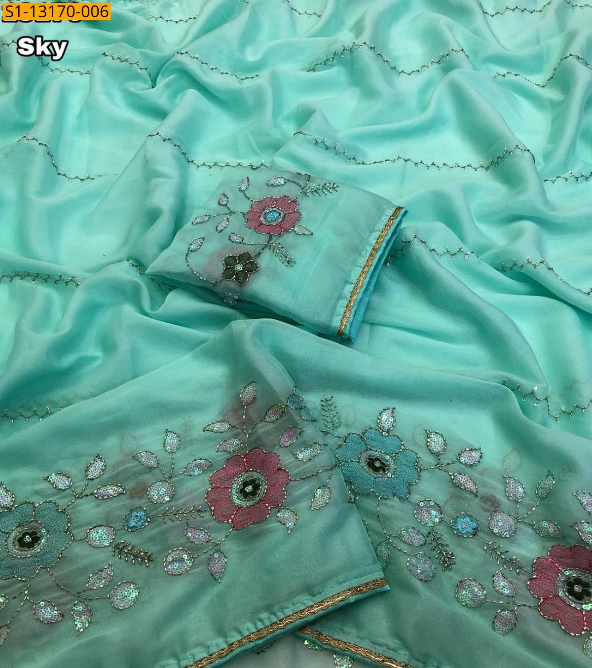 Star Georgette Embroidery Sarees - Sky Blue