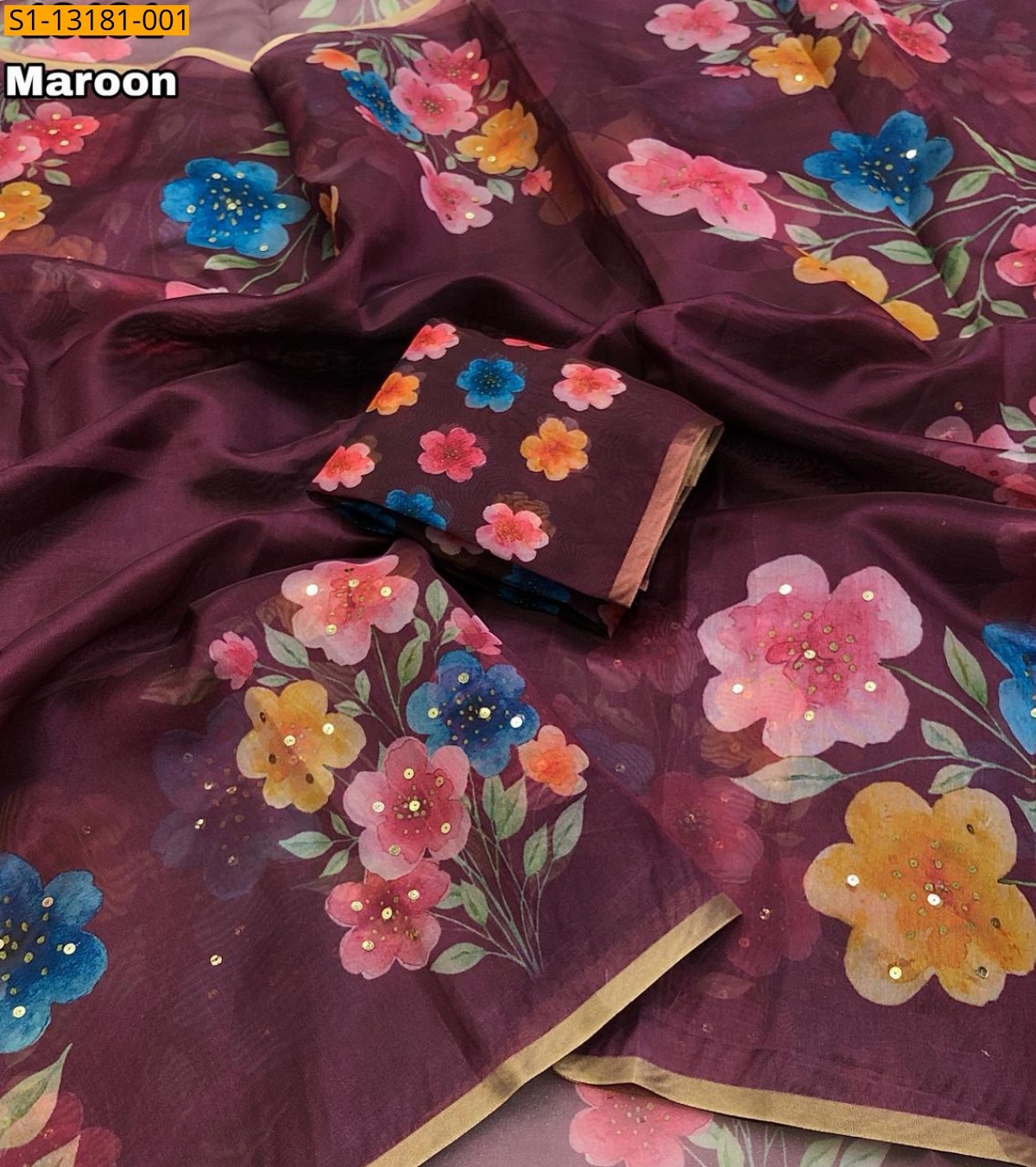 Maroon Organza Floral Digital Print Sarees