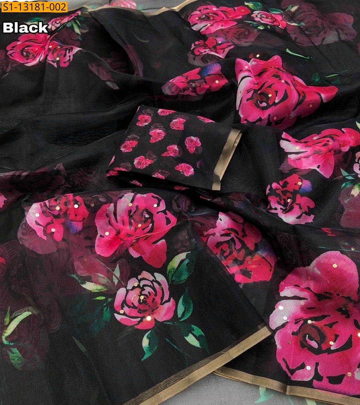 Black Organza Floral Digital Print Sarees
