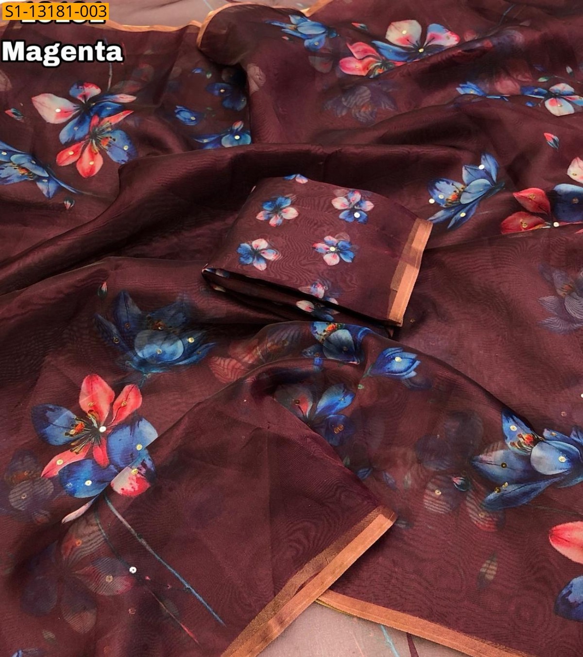 Magenta Organza Floral Digital Print Sarees