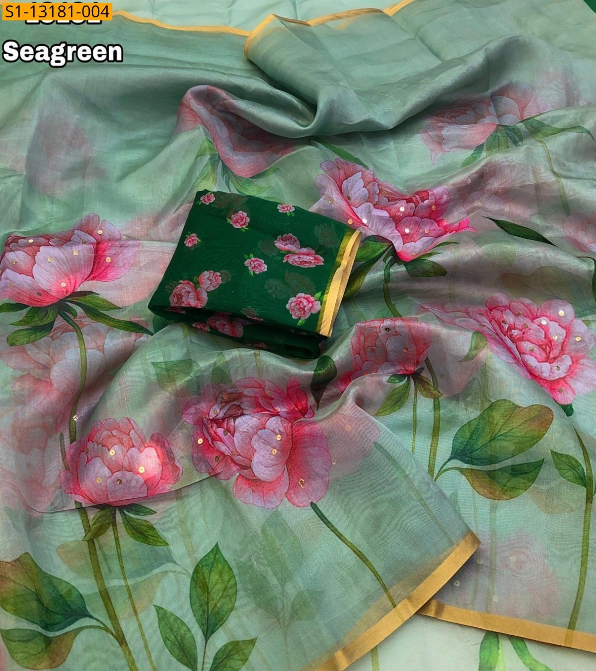 Sea Green Organza Floral Digital Print Sarees