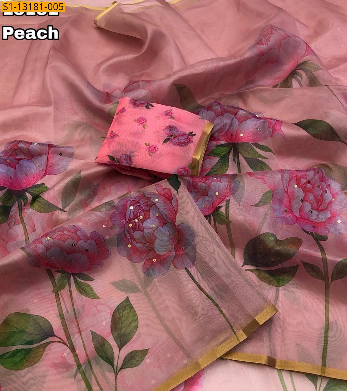 Peach Organza Floral Digital Print Sarees