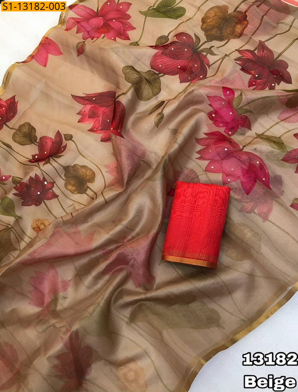 Beige Fancy organza printed sarees