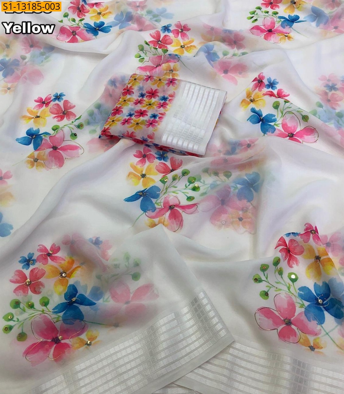 Yellow Fancy Chiffon floral printed Saree