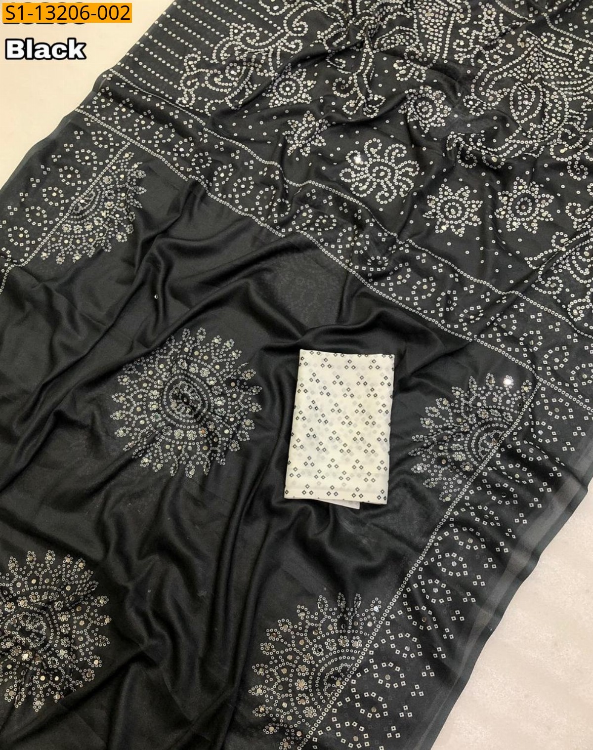 Black Soft Crape Silk Bandani Print Saree