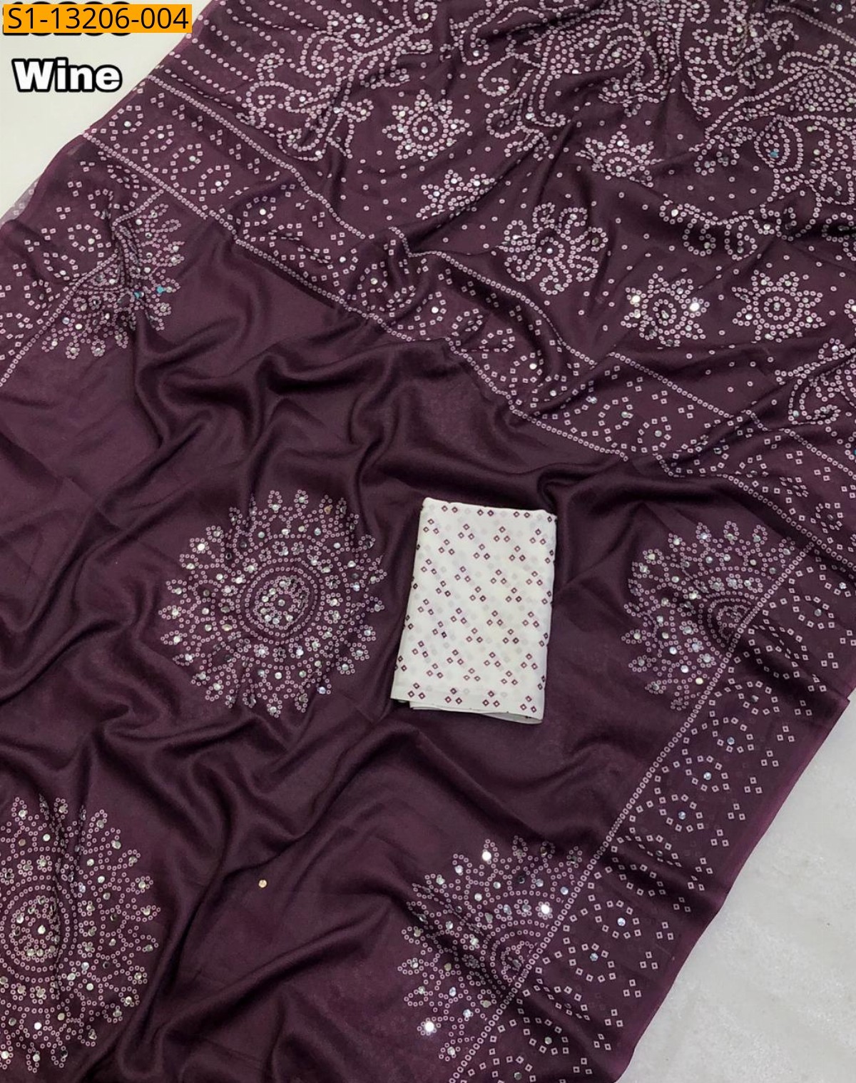 Wine Soft Crape Silk Bandani Print Saree