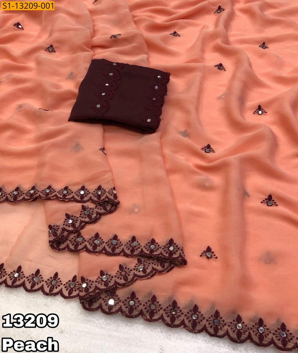 Peach Fancy Georgette Embroidery Saree